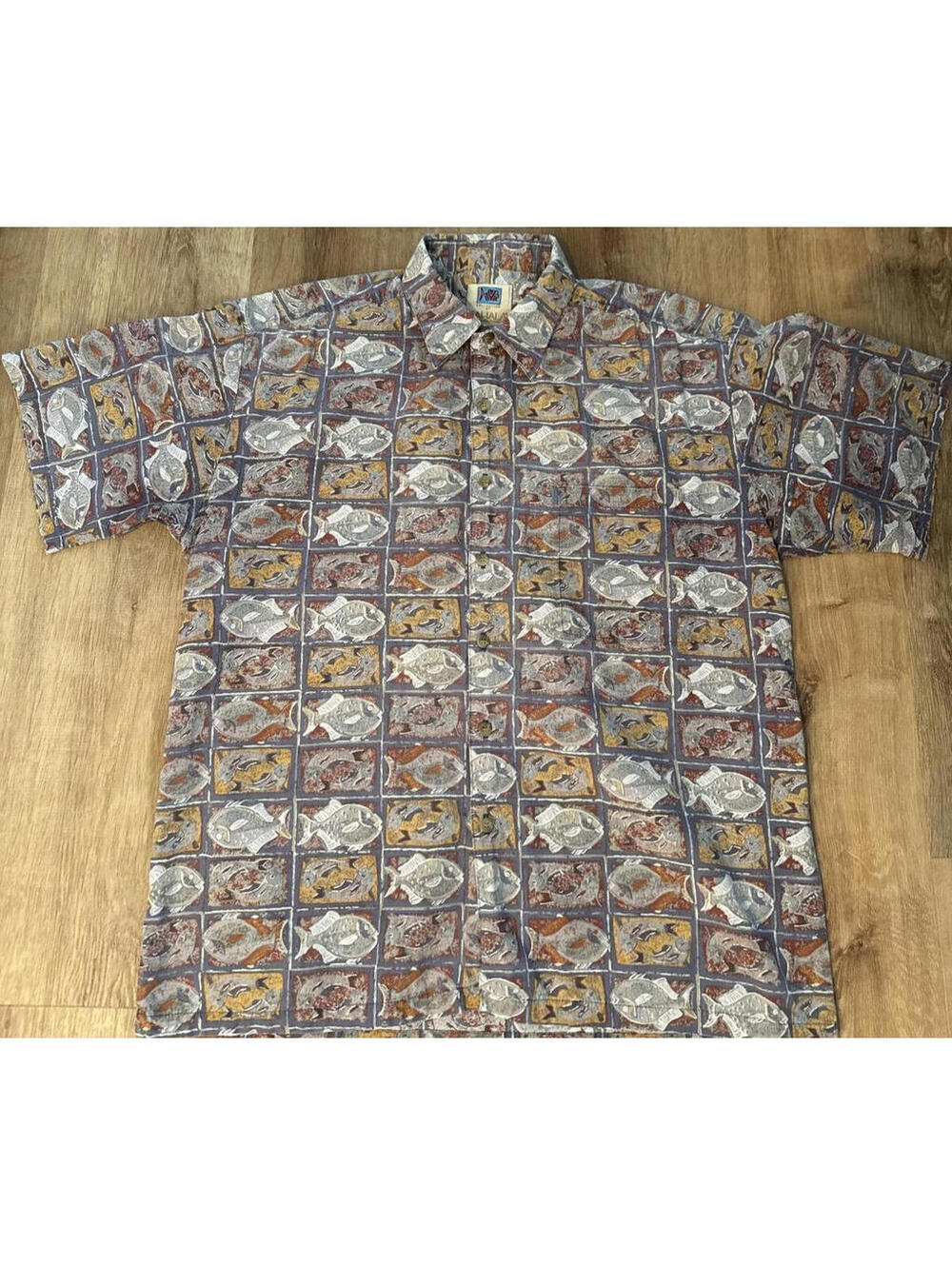 Kahala Avi Collection Cotton Shirt Mens L Hawaiian Aloha Brown Tan Fish Print